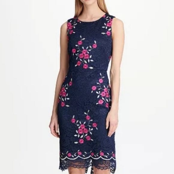 NWT DKNY Womens Embroidered Lace Sleeveless Floral Navy/Pink Dress Size 2 - Picture 10 of 10